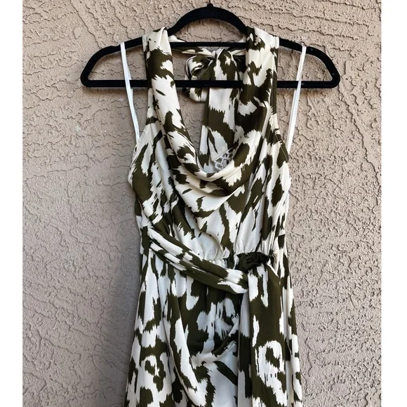 ANTHROPOLOGIE Olive Green & White Satin Fringe Cover Up Halter Dress - Picture 11 of 15